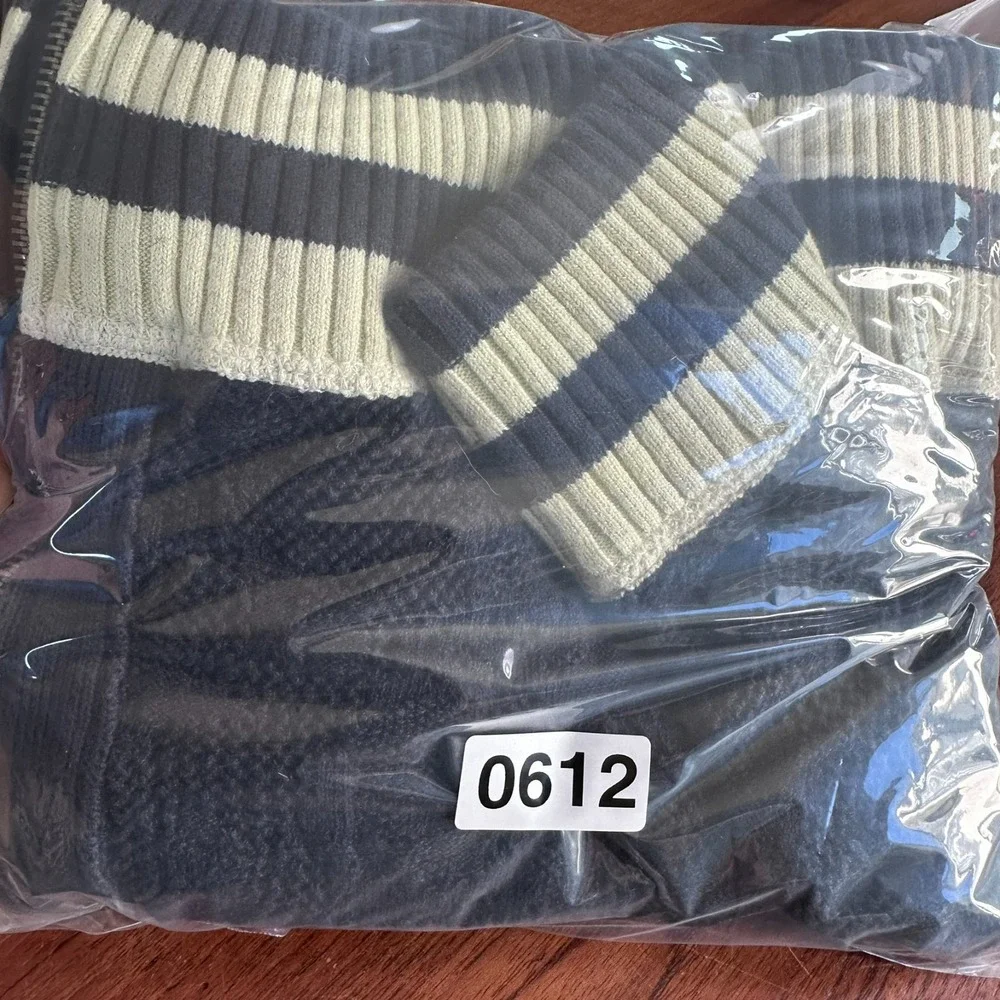 Free People Blue Cream Full‎ Zip Size S Knit Cardigan Varsity Preppy Academia
